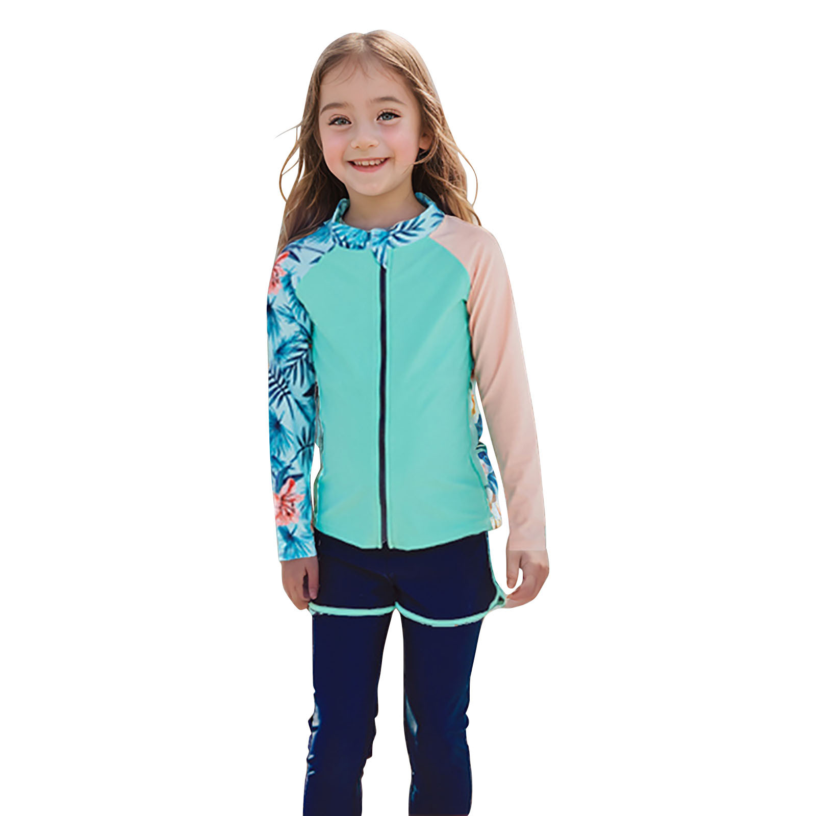 Odeerbi 7-16 Years Kids Girls Long Sleeve Rash Guard Swimsuits Beach Two Pieces Athletic Training Swimsuit Surfing Swimwear Cute Flower Print Sunscreen Seaside Swim Leggings Set